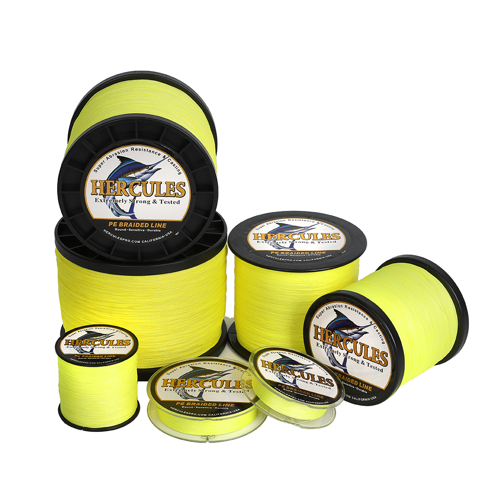 HERCULES Fluo Yellow 4 Strands Braided Fishing Line 6lb to 100lb High-Vis